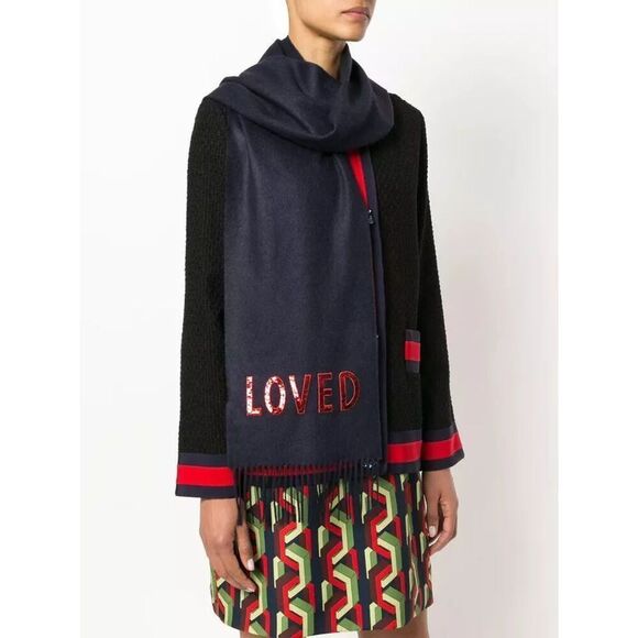 GUCCI  LOVED Sequin Scarf Navy Blue Cashmere and Silk  NEW - Picture 1 of 8